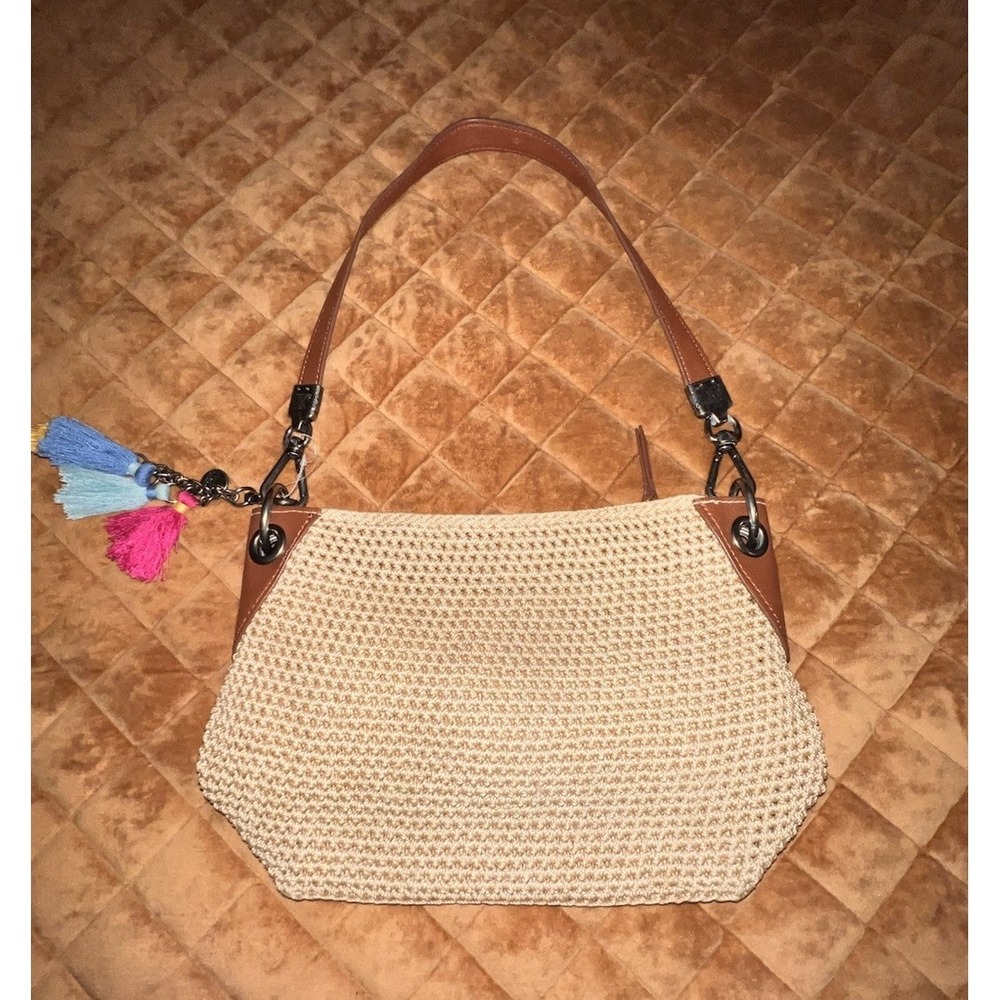 The Sak Woven Shoulder Bag Bohemian Tassel Zipper Accent Bag Charm Purse Nuetral